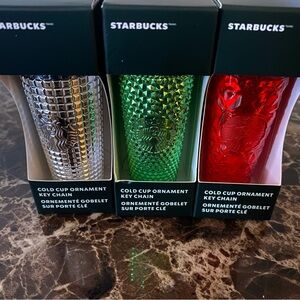 Starbucks Holiday Silver,Green & red Cold Cup Christmas Ornament Keychains 3set